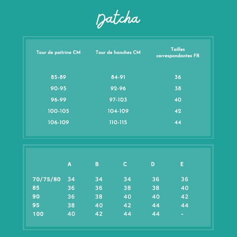 maattabel Eco-verantwoord zwempak uit één stuk, ethisch zwempak uit één stuk, zwempak uit één stuk gemaakt in Frankrijk, zwempak uit één stuk.