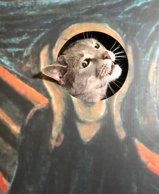 Caturday Cat Betty as the Scream in the Furry Masterpieces Cardboard Cat House