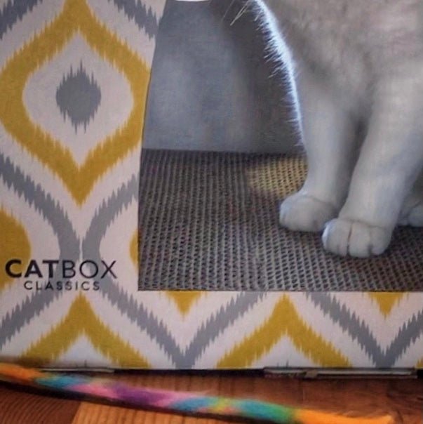 Close up showing the cat scratcher in the Meow Yellow Cardboard Cat House
