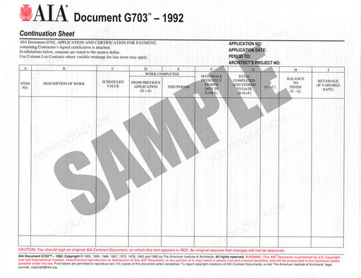 Aia G703 1992 Continuation Sheet For G702 50 Pack