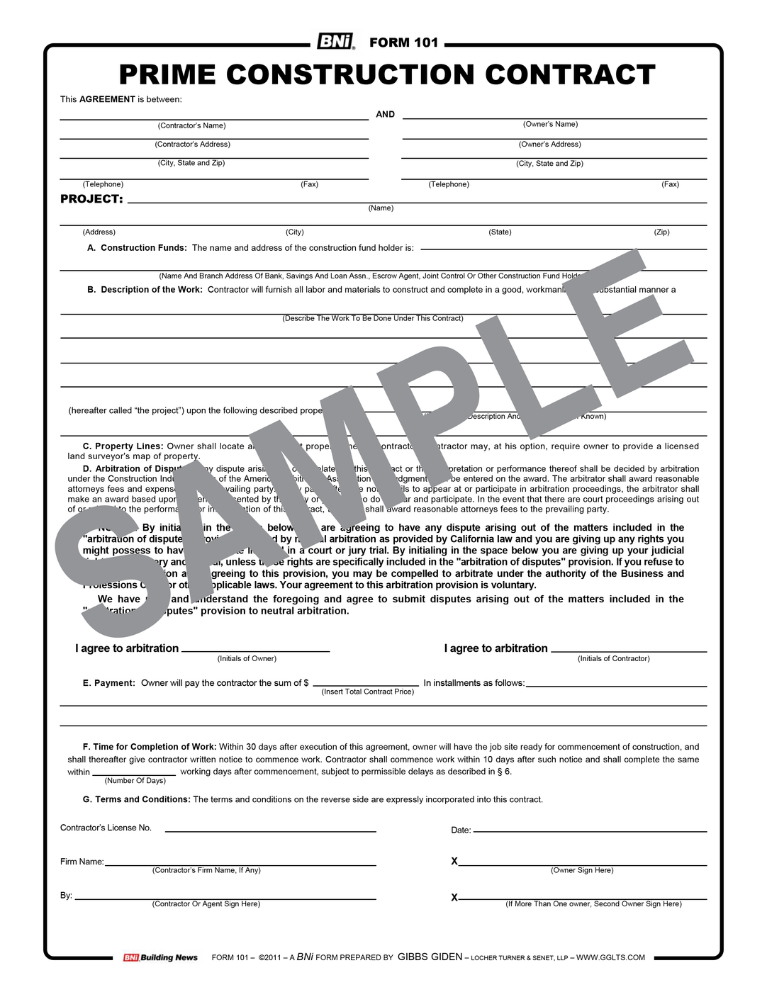 Form 101 Prime Construction Contract (Reusable PDF version)