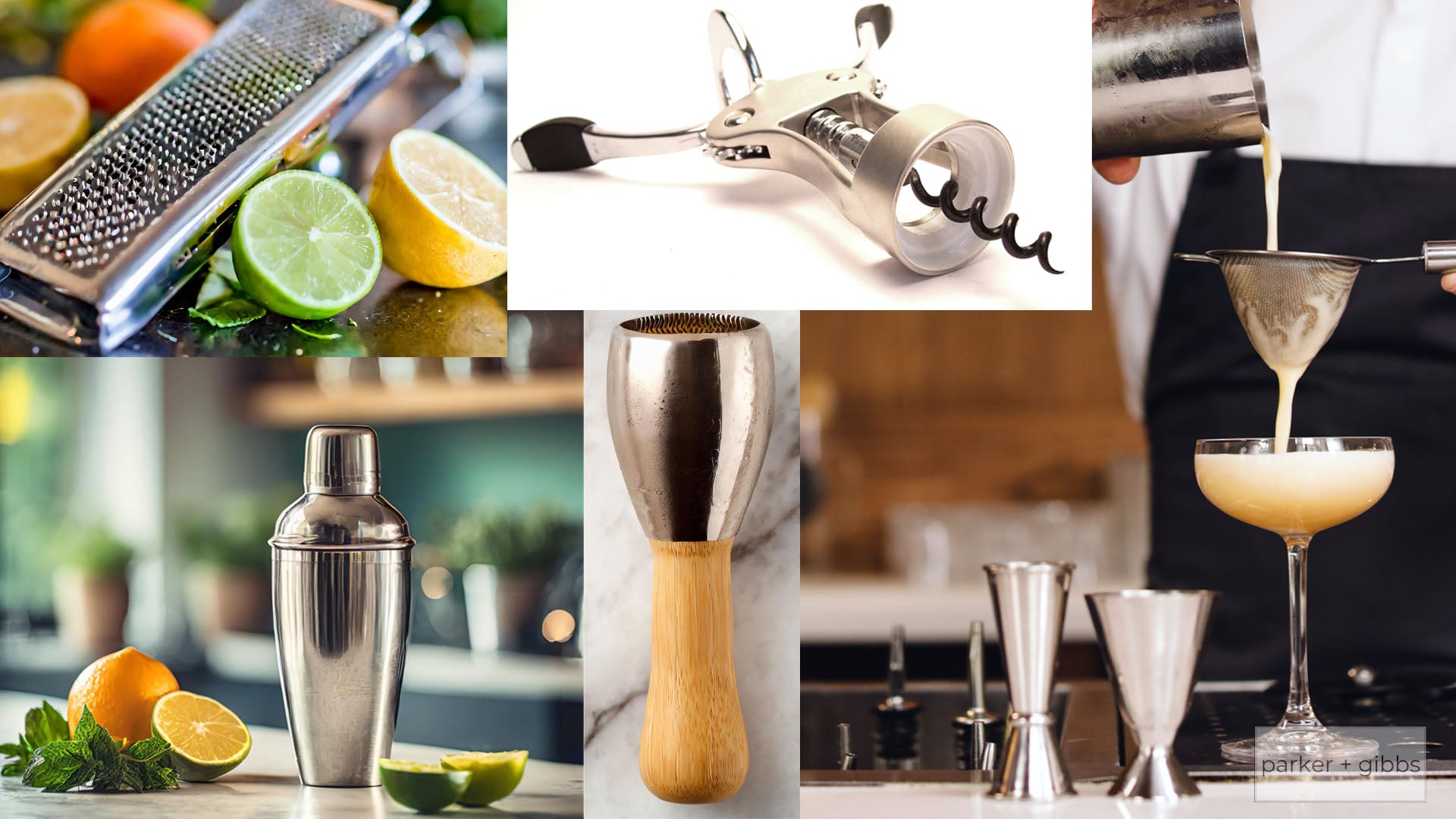 Essentials bar tools like cocktail shaker, citrus zester, muddler, corkscrew, and cocktail strainer.