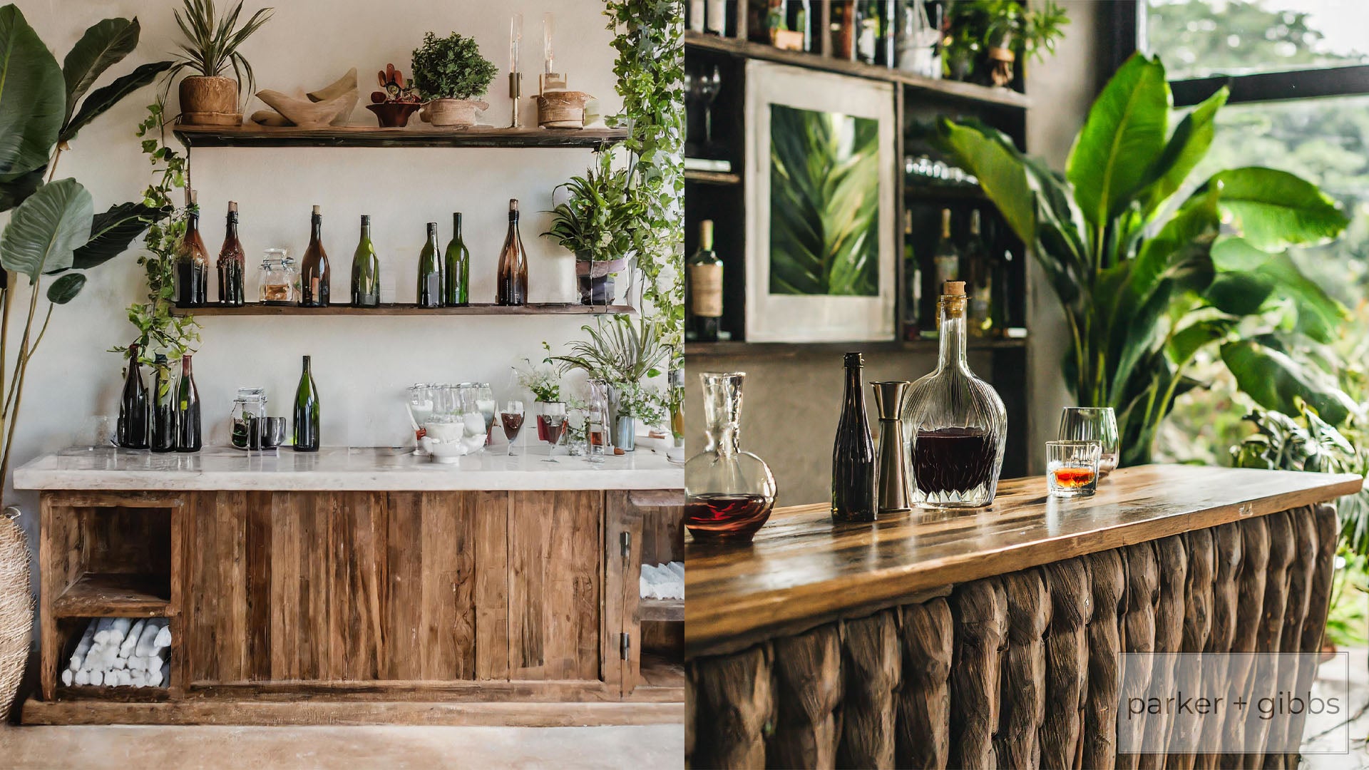 Images of a California style home bar and a tropical style home bar.