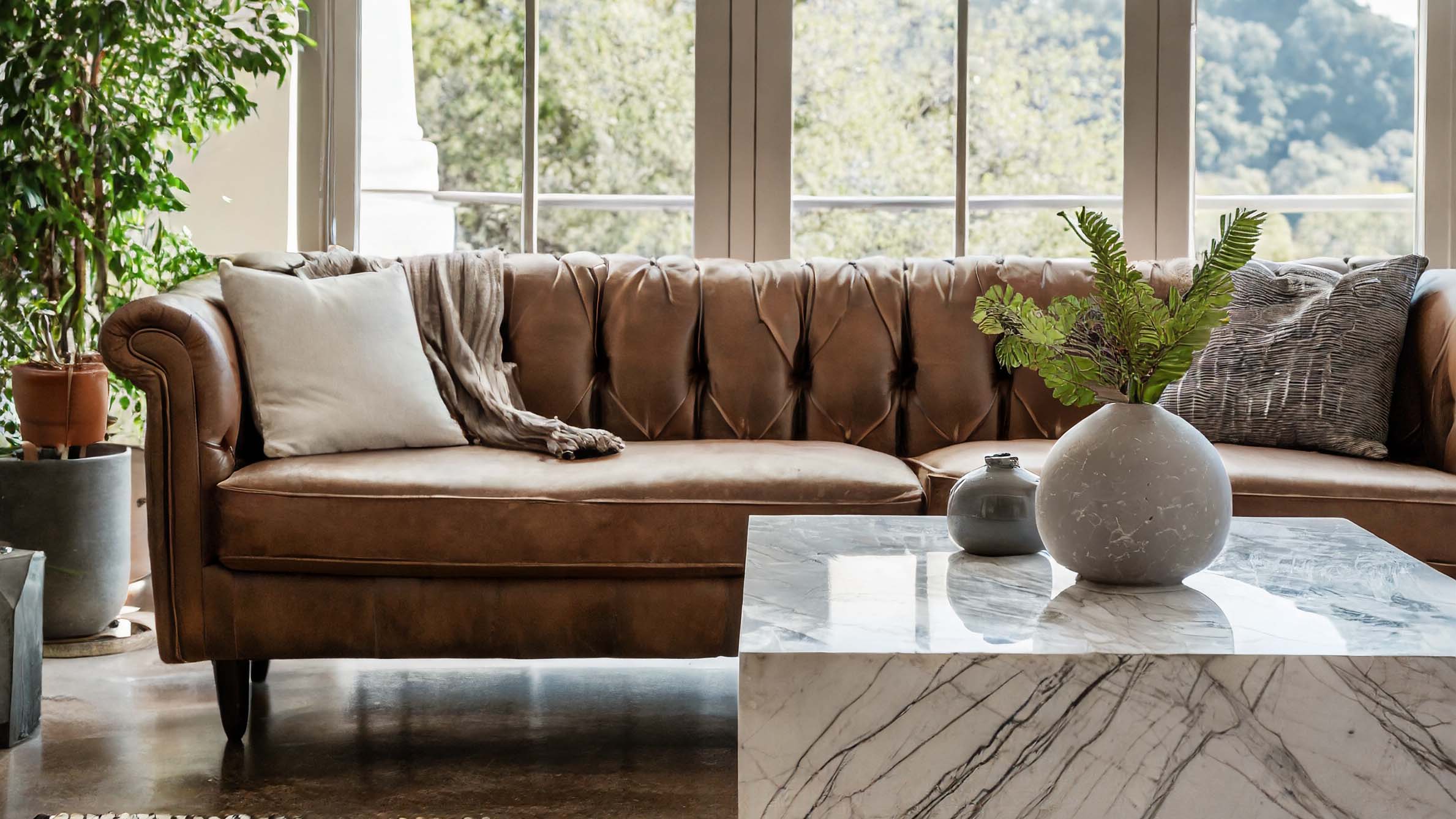 Tufted leather sofa styled with pillows and throw, marble coffee table with vases, plants, bright sunny window.