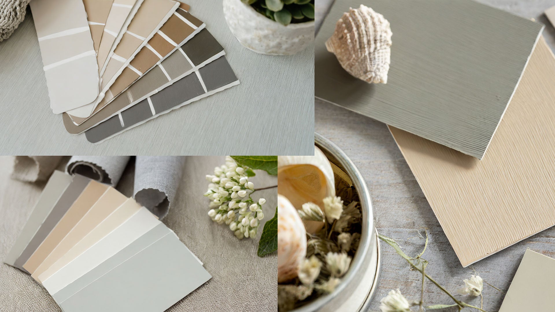 Neutral colored paint swatches and fabric swatches collage.