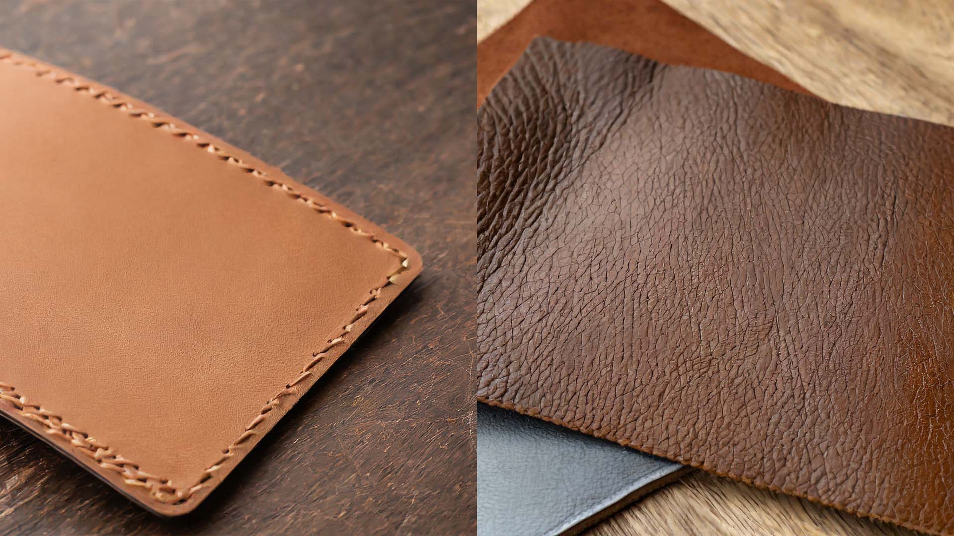 Top grain and full grain leather swatch samples.