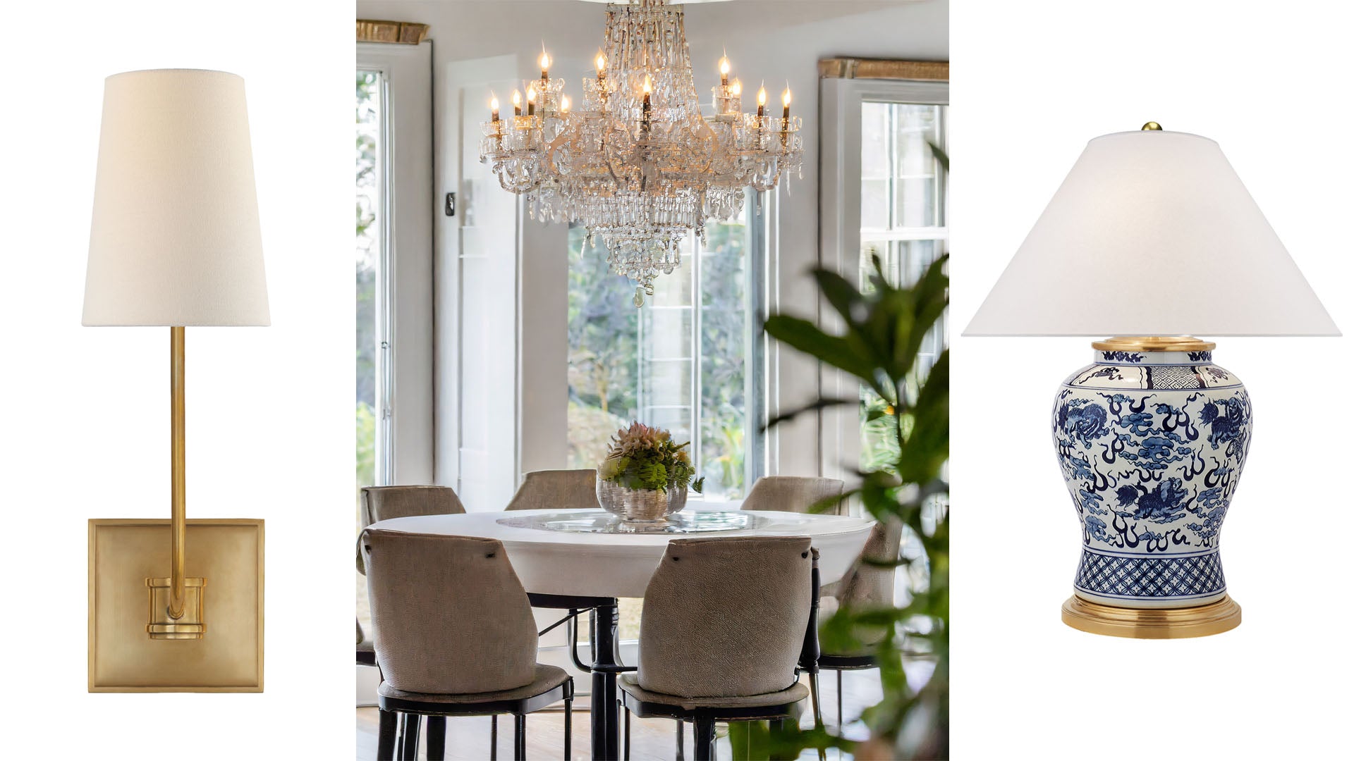 Transitional interior design style sconce, chandelier, and table lamp options.