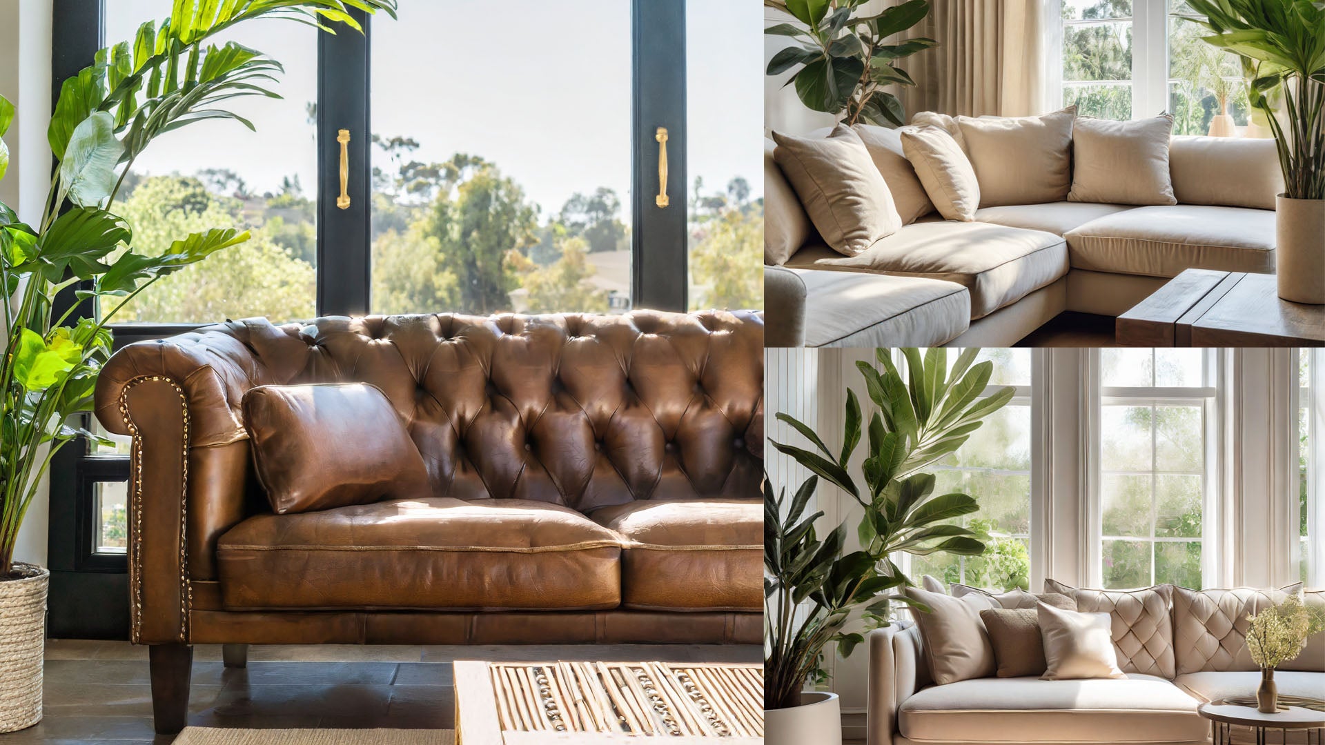 Transitional interior design style leather sofa and fabric sectionals with plants and bright windows.