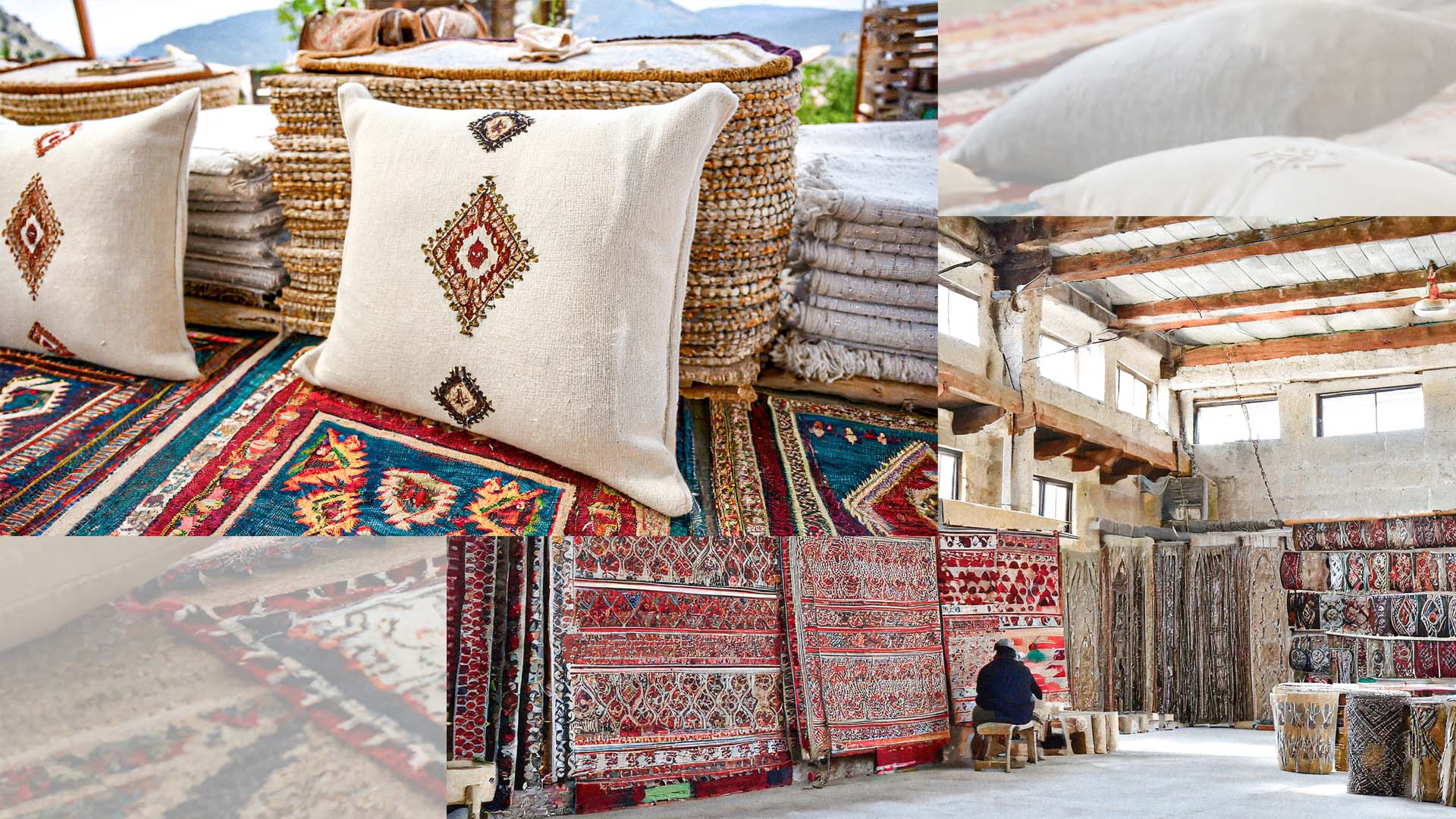 Turkish kilim pillow covers and rugs in village and inside a Turkish textile factory.