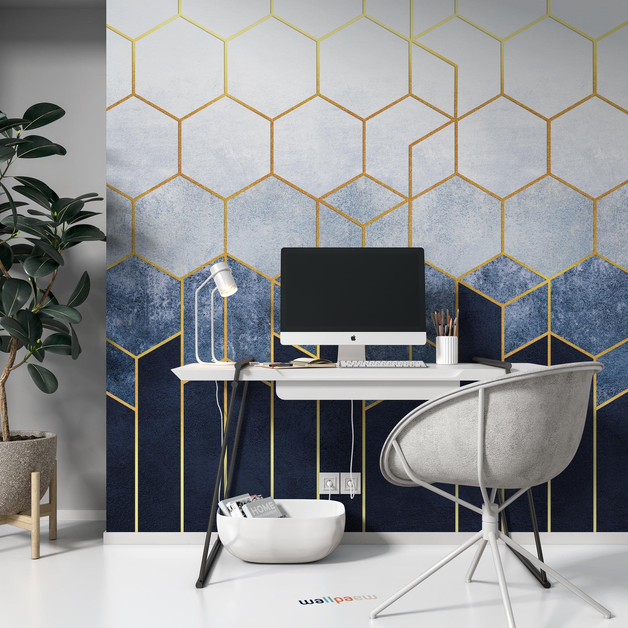 Geometric Abstraction of Hexagons on a Blue Background with Gold Eleme –  wallpaew