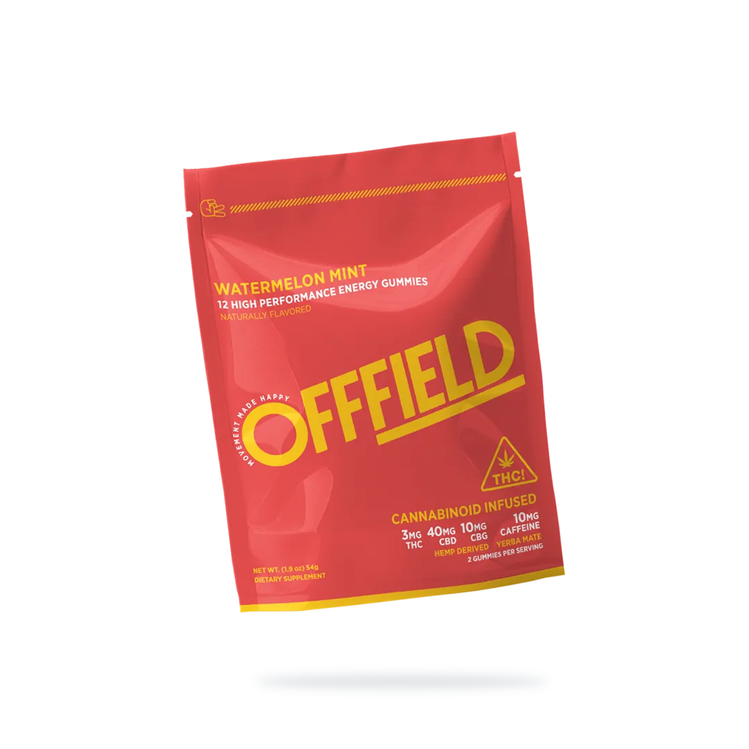 Package of OFFFIELD Watermelon Mint energy gummies labeled as cannabinoid-infused and containing THC, CBD, CBG, and caffeine.