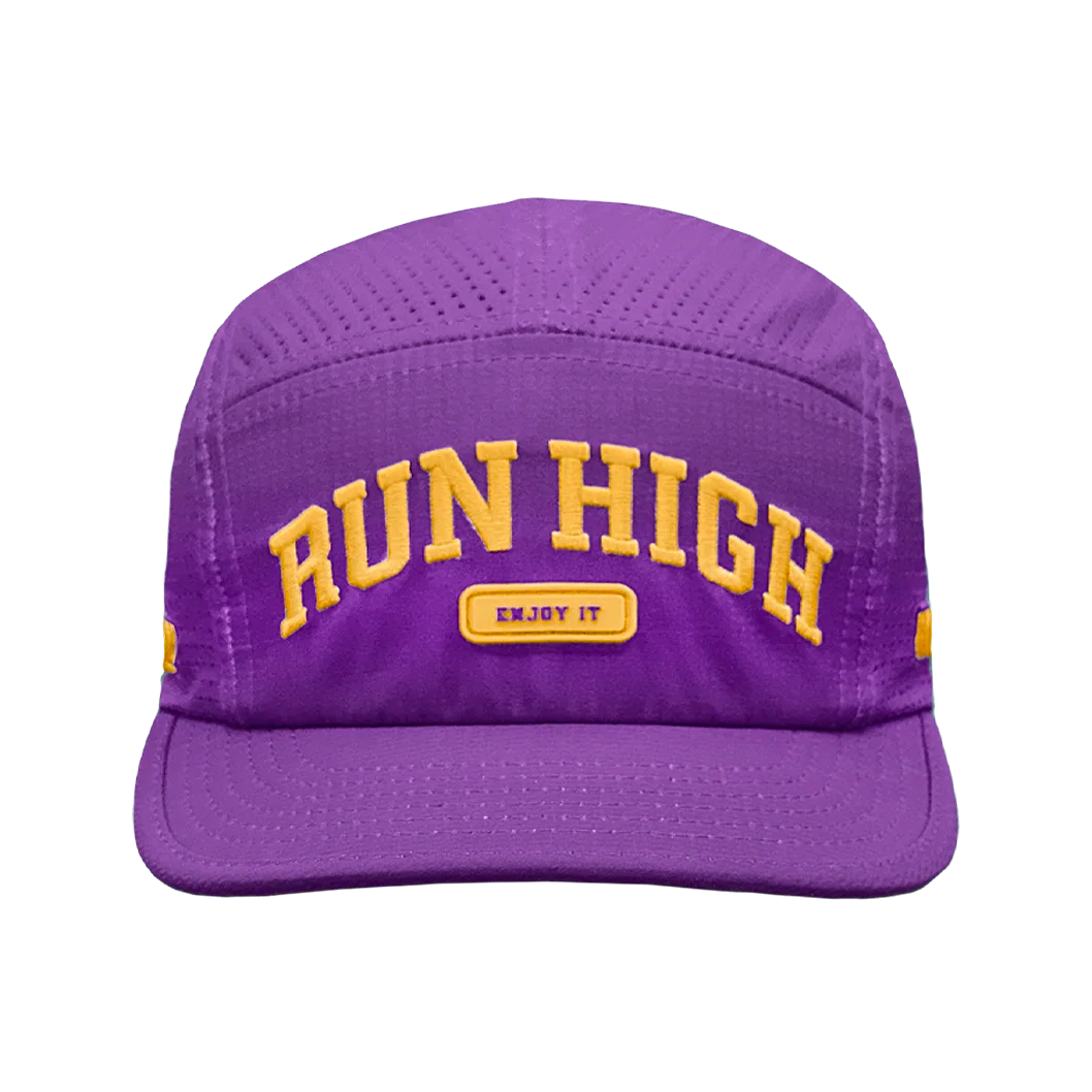 Purple cap with 'RUN HIGH' text in yellow on the front.