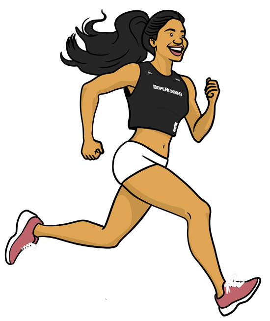 Illustration of a smiling woman running, with the text 'DOPERUNNER' on her top.