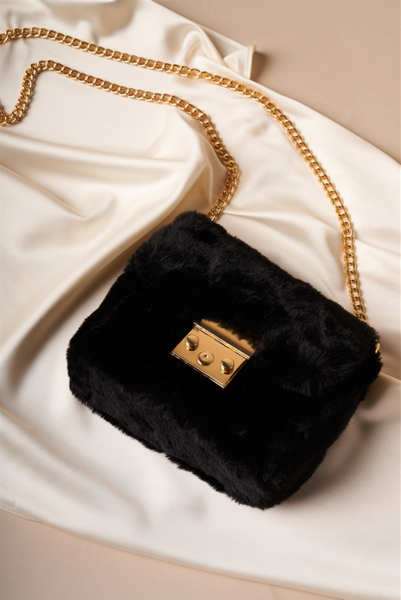 black faux fur crossbody bag