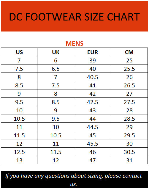 dc shoe size chart inches