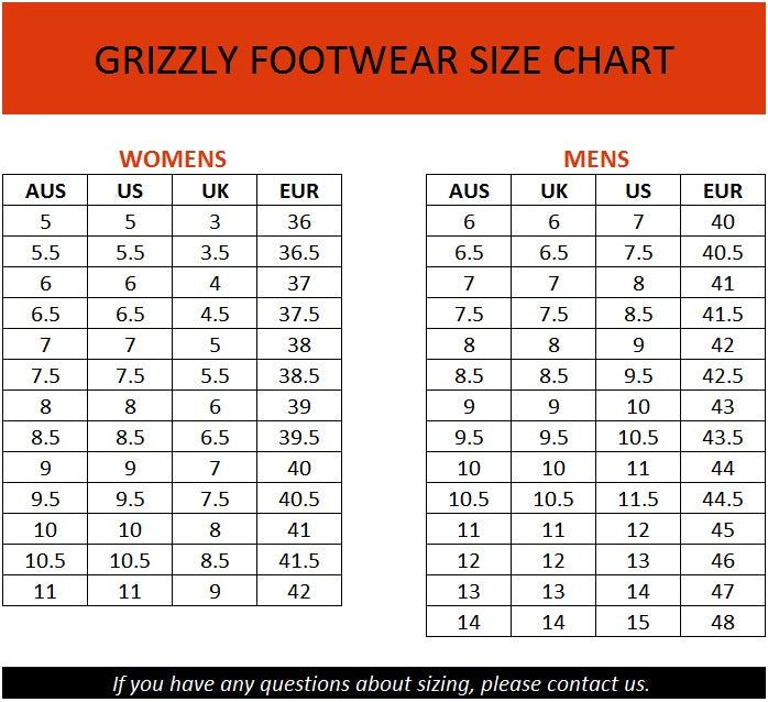 Grizzly Size Chart