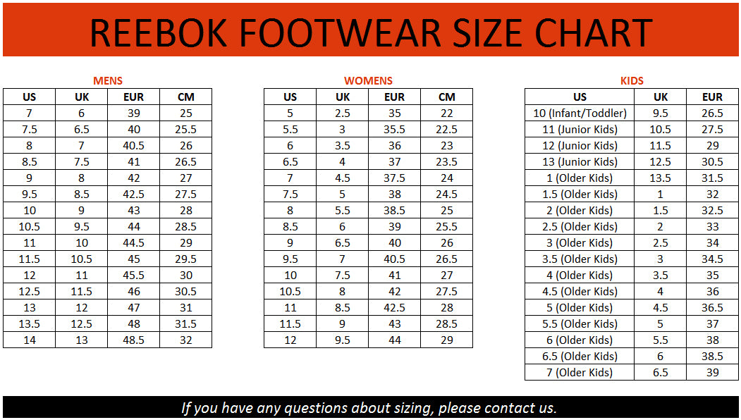 reebok boys size chart