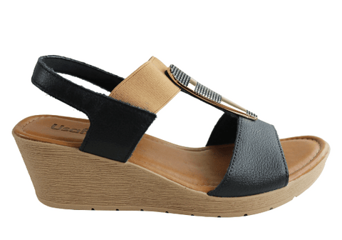 women’s black and brown wedge sandal