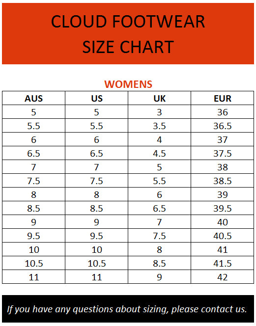 cloud footwear size chart – Brand House Direct