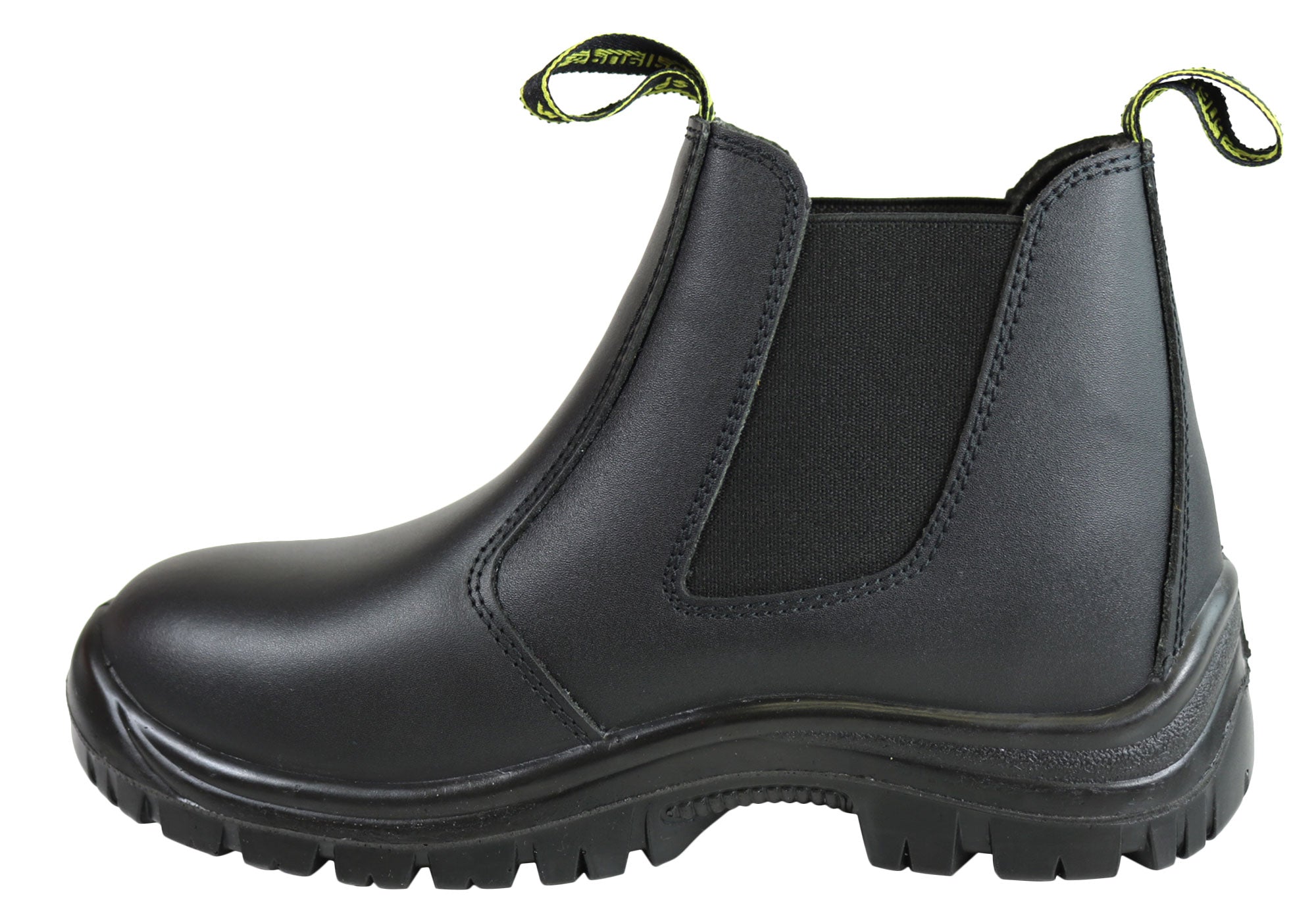 black pull on steel toe boots