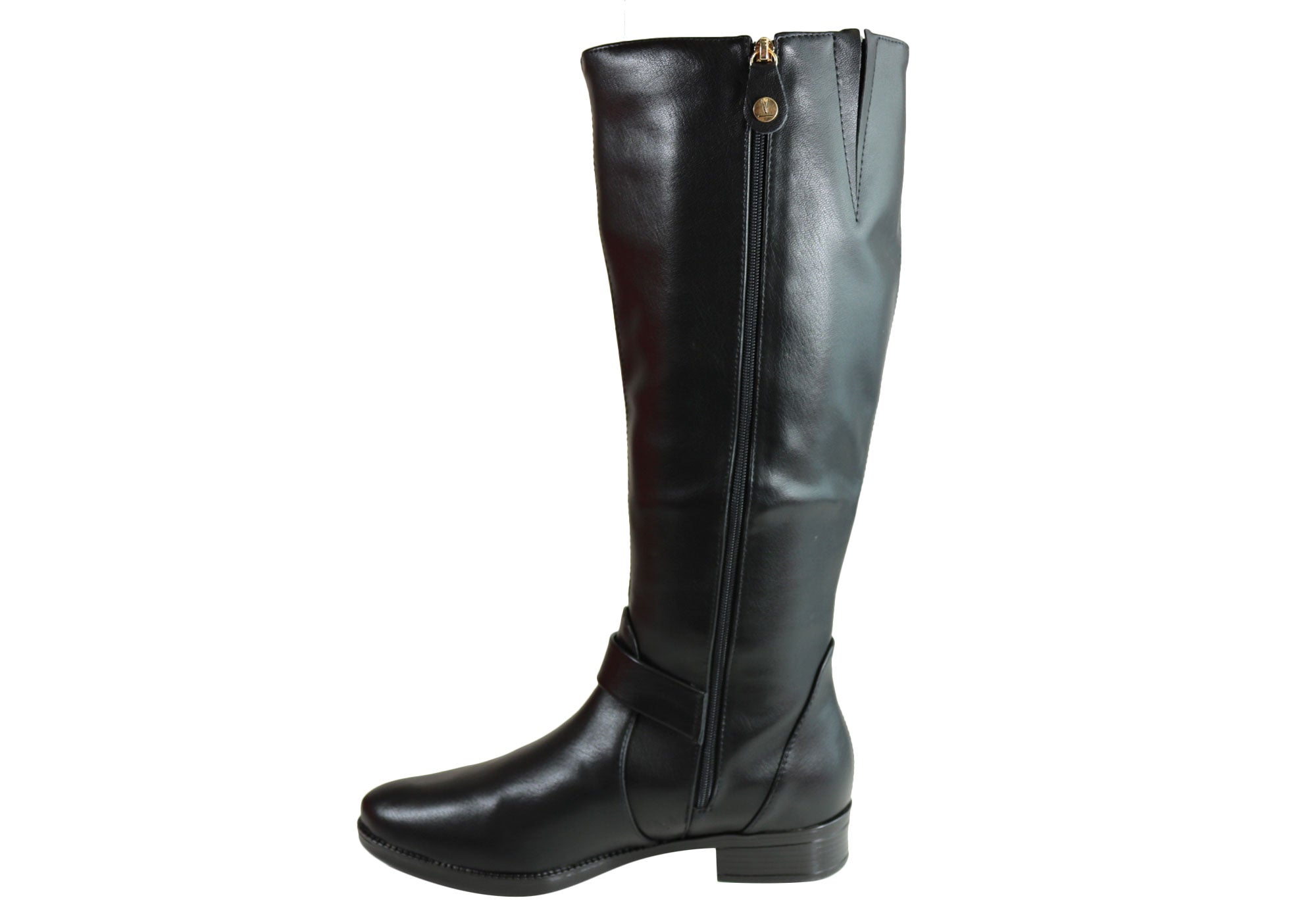 black leather knee high low heel boots