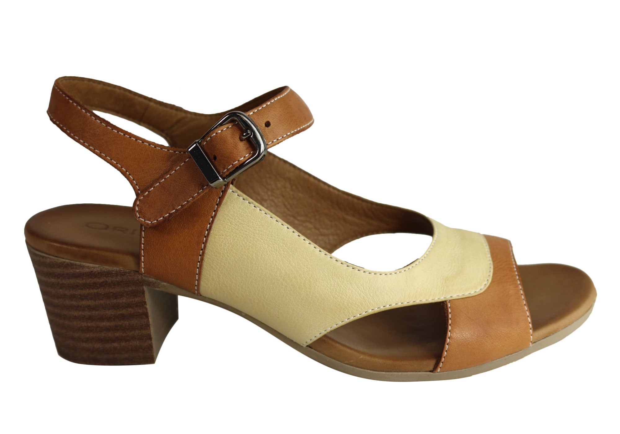 tan leather mid heel sandals