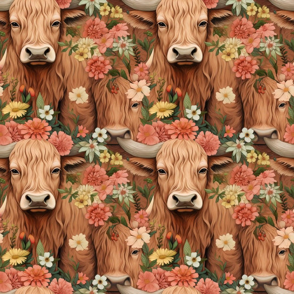 Vintage Highland Cows & Flowers 5 Fabric