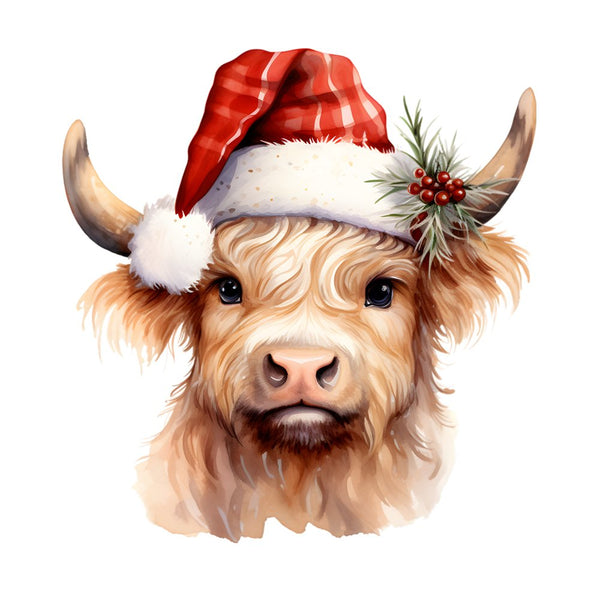 Christmas Highland Cow Santa Hat 3 Fabric Panel –