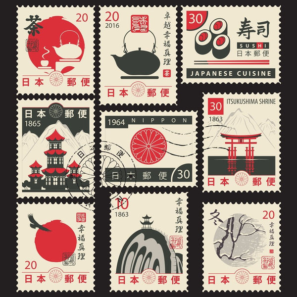 Japanese Tea Postage Stamps Fabric Panel –