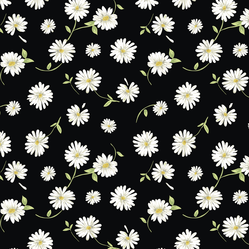 Tossed Daisies Fabric - Black – ineedfabric.com