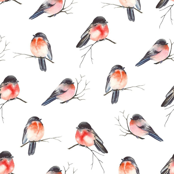 Watercolor Bullfinches On Branches Fabric - ineedfabric.com
