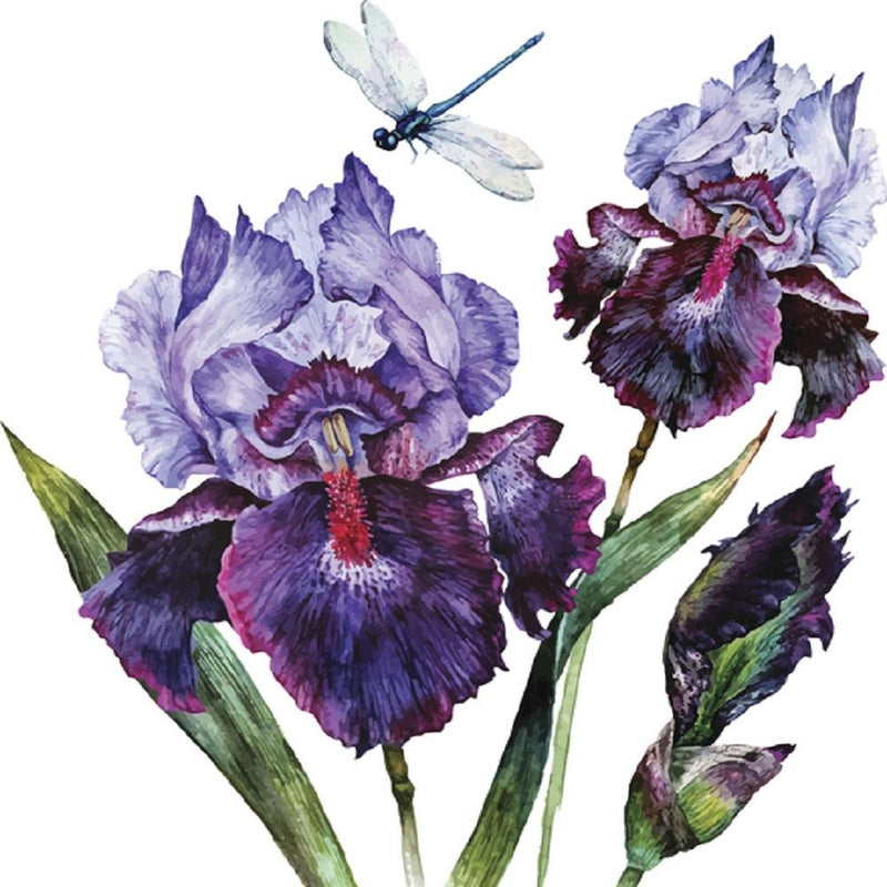 Watercolor Dragonfly & Iris Bouquet Fabric Panel - White - ineedfabric.com