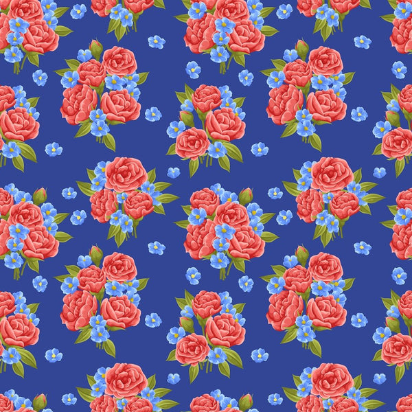 Vintage Autumn Sunflower Fabric - Blue