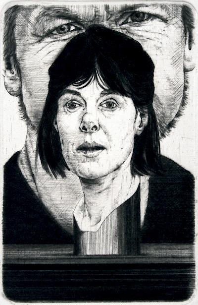 Black and white portrait of a woman's face with a man's face in the backround