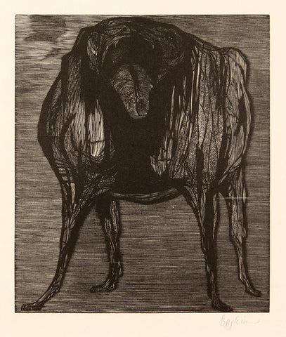 Leonard Baskin's "Love Me, Love My Dog" is an image of a strangely formed dog with a bulky body and skinny legs looking straight at the viewer.