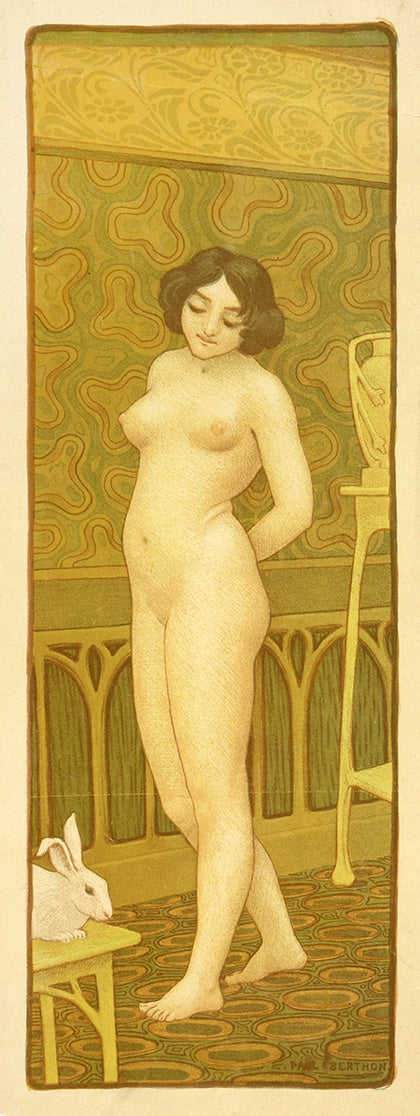 Art nouveau style image of nude woman and white rabbit indoors