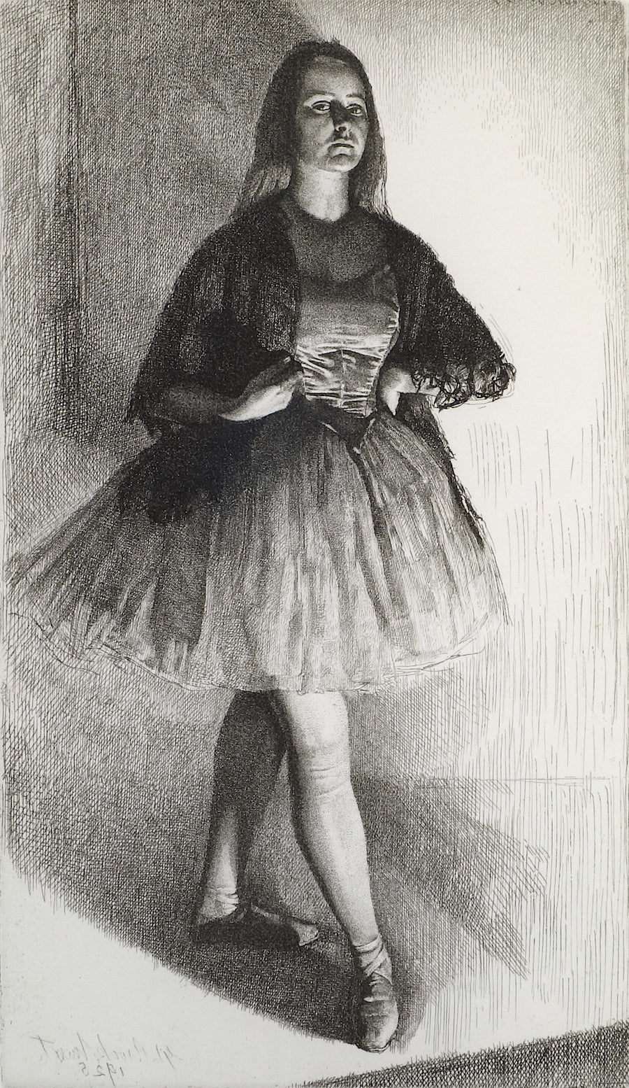 Black and white image of a ballerina on stage 