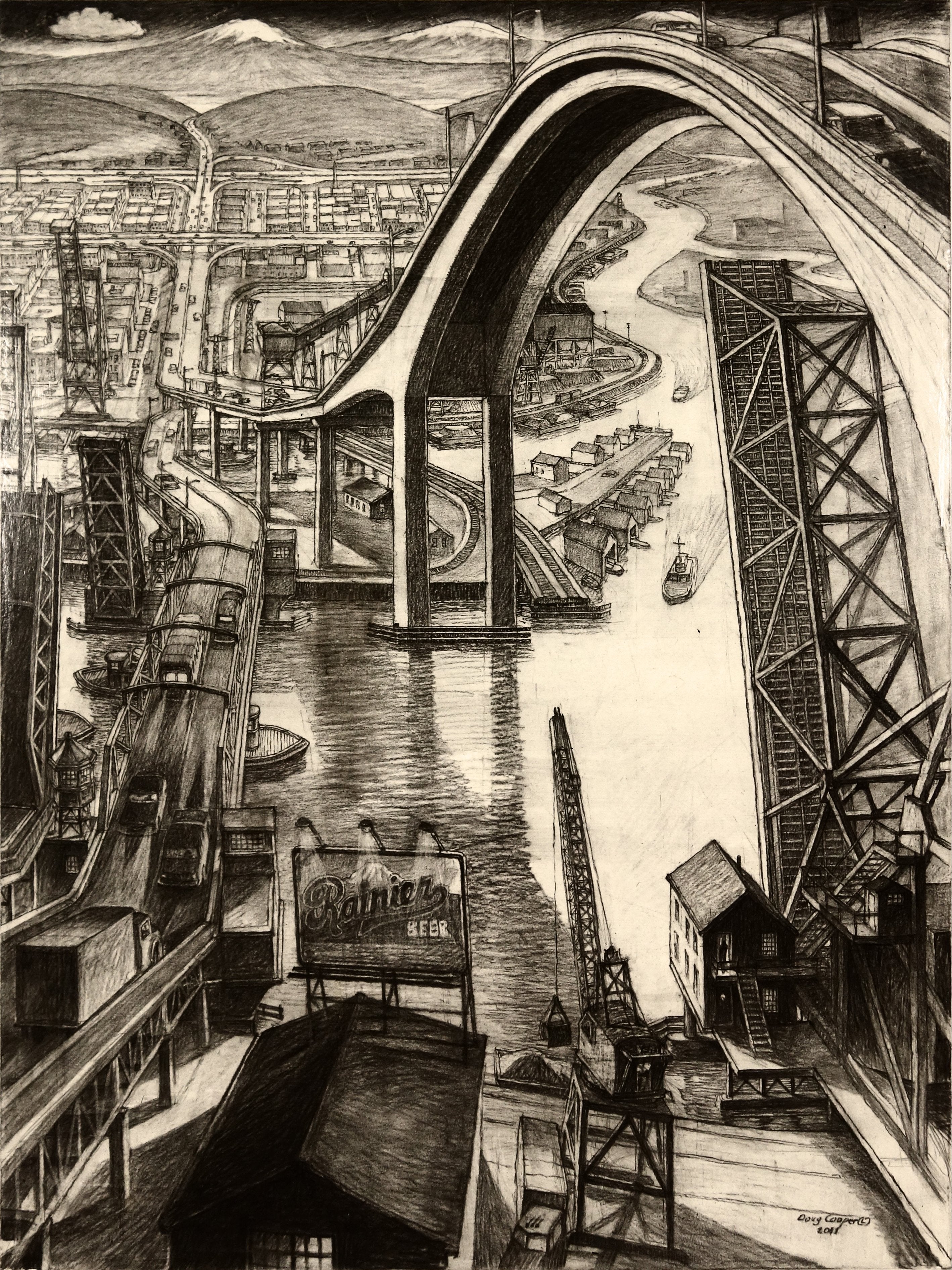 Douglas Cooper's 'Then and Now.' Charcoal drawing of the West Seattle Bridge.