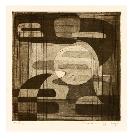 Abstract image. Etching in black and white. Circular shapes intersecting on square plane.