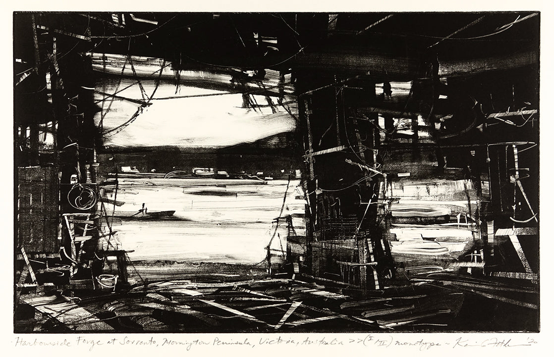 Black and white monotype of abstract industrial scene, looking from inside a building out onto a harbor with boats
