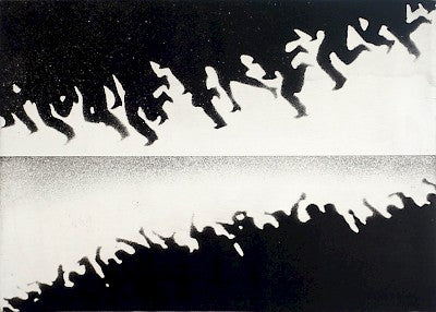 Black and white image with silhouettes of crowds of people at bottom of image and upside down at top of image
