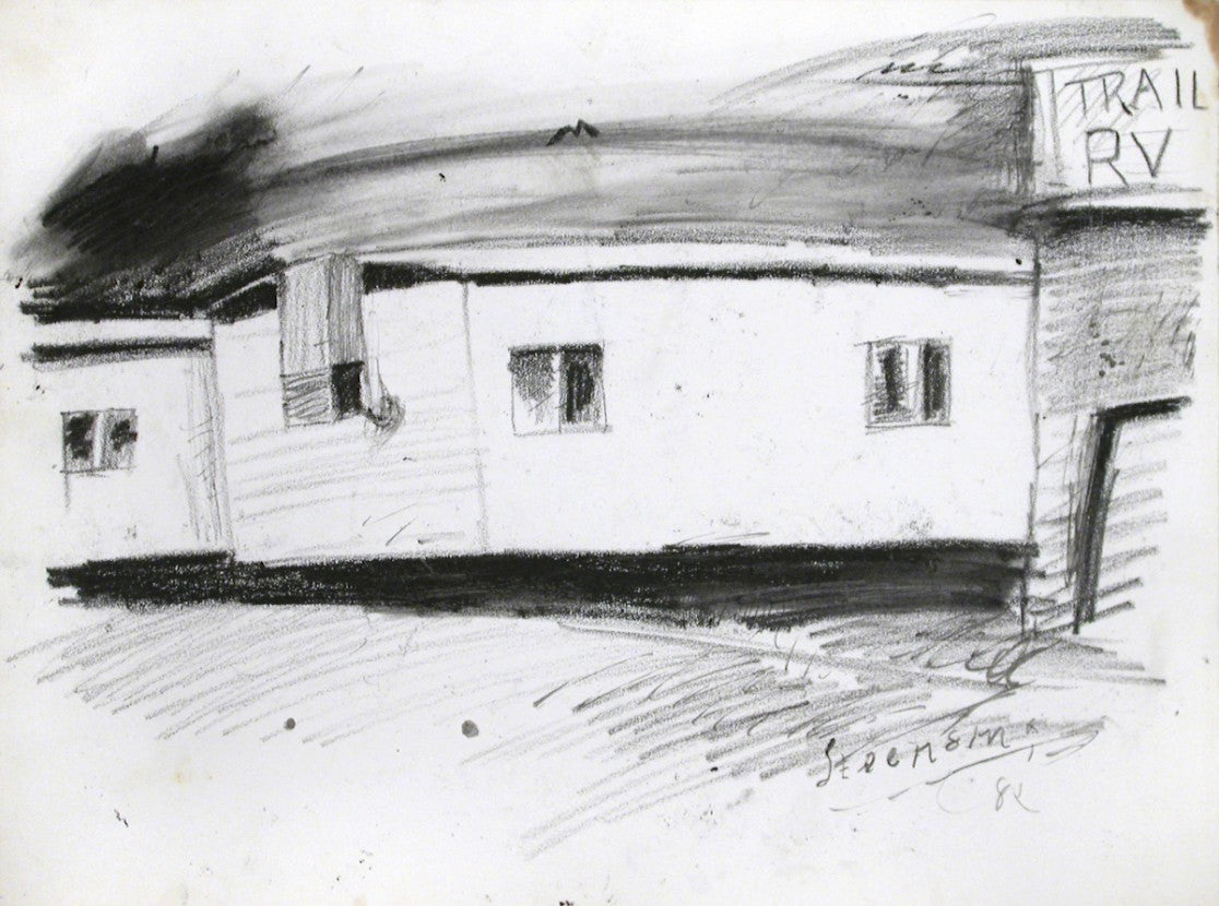 Black and white drawing of a mobile home