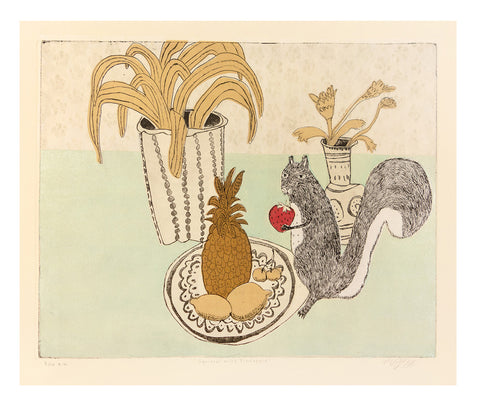 etching with squirrel and pineapple. Green background, gold colors throughout.