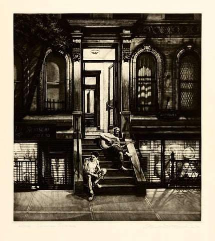 Frederick Mershimer's 'Summer Serenade.' Black and white mezzotint.