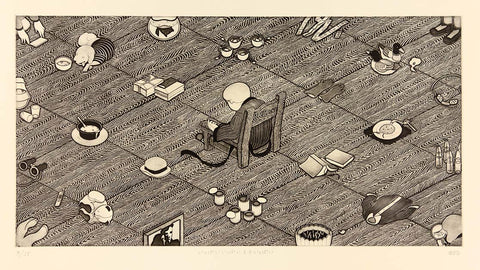 Azumi Takeda's "Full, Full, Full" shows an image of a man in a chair surrounded by objects such as hats, food, etc. 