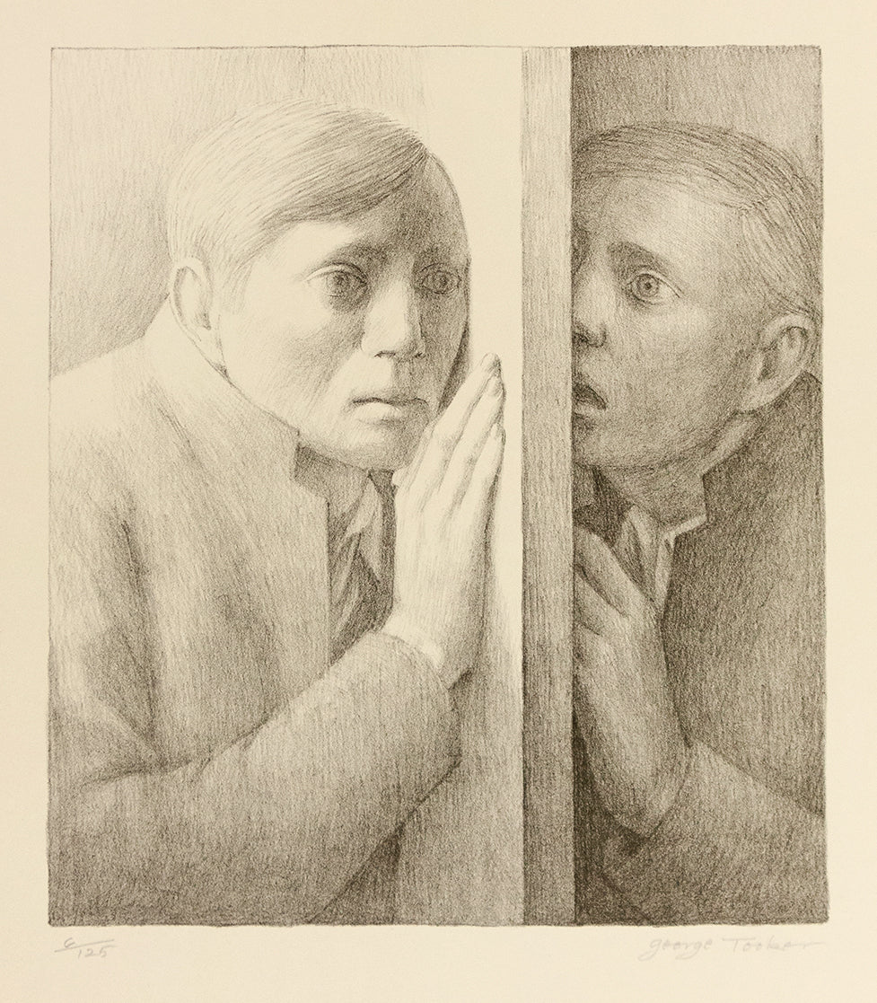 George Tooker Jr.'s "Voice." Black and white image of two mean on opposite sides of a door, leaning their ears against it with concerned expressions.