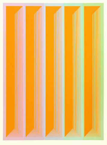 Richard Anuszkiewicz's "IV" is a series of geometric vertical orange forms against a color-blocked background in a vibrant pastel rainbow gradient.
