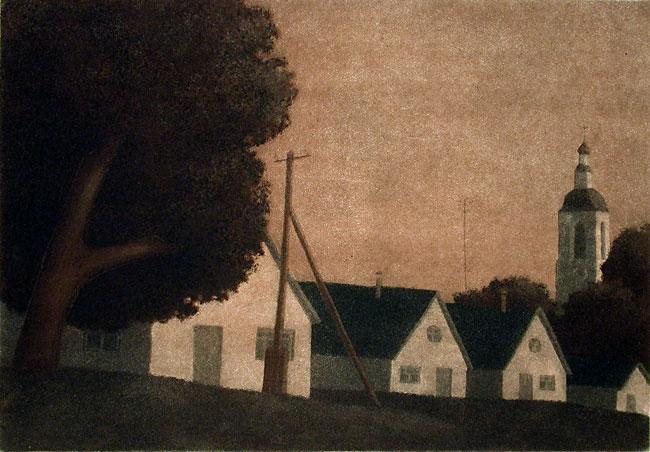 Vladimir Basmanov's 'Evening Melody' is a muted landscape of a tree, three houses, and a church steeple with a slanted horizon.