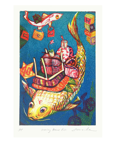 linocut of fish with house