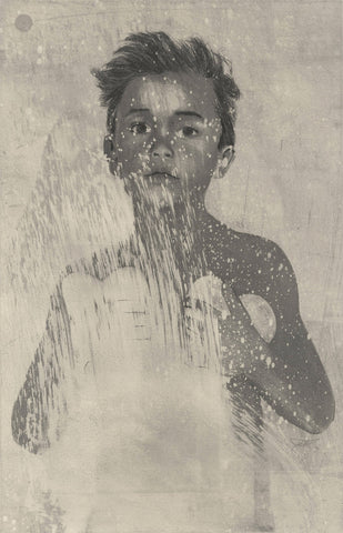 Ellen Heck, 'Two.' Portrait of a child with wild hair, image obscured with a splash of light grey. The child holds two hearts to their chest. 